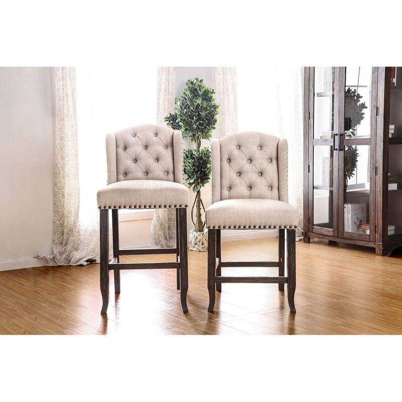 Button Tufted Fabric Upholstered Wooden Bar Chair, Beige and Black, Set of Two