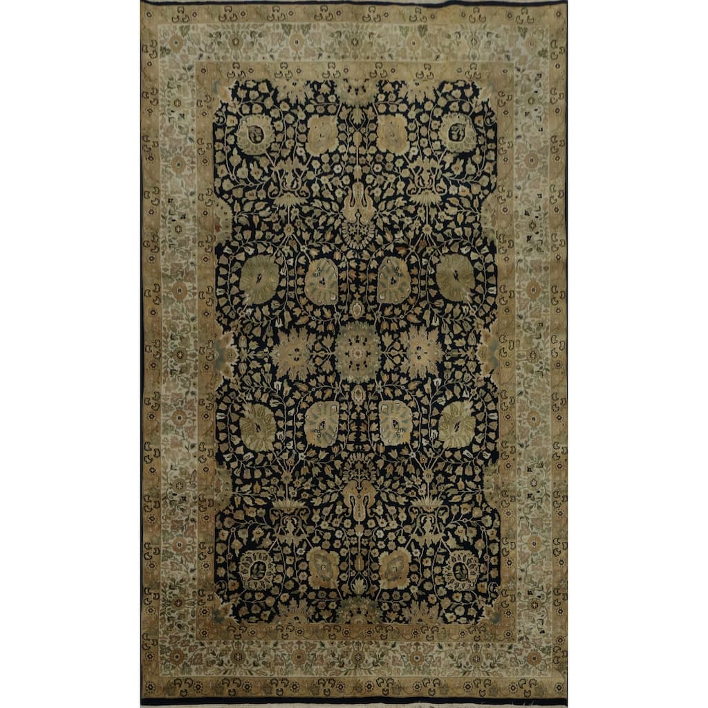 Hand Knotted Oriental 100% Wool Carpet Traditional Floral Navy Blue & Blues Agra Area Rug - 9' 1'' X 6' 1''