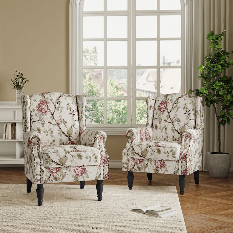 2 Set Transitional Patterned Wingback Accent Chairs with NailHead
