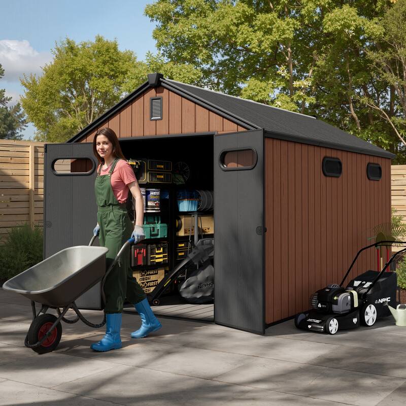 8' x 8' / 8' x 10'/ 8' x 12' Outdoor Resin Storage Shed with Lockable Doors and Air Vents for Garden