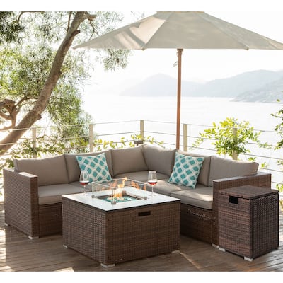 COSIEST 4-Piece Outdoor Sectional Sofa Set With Fire Pit Table Set