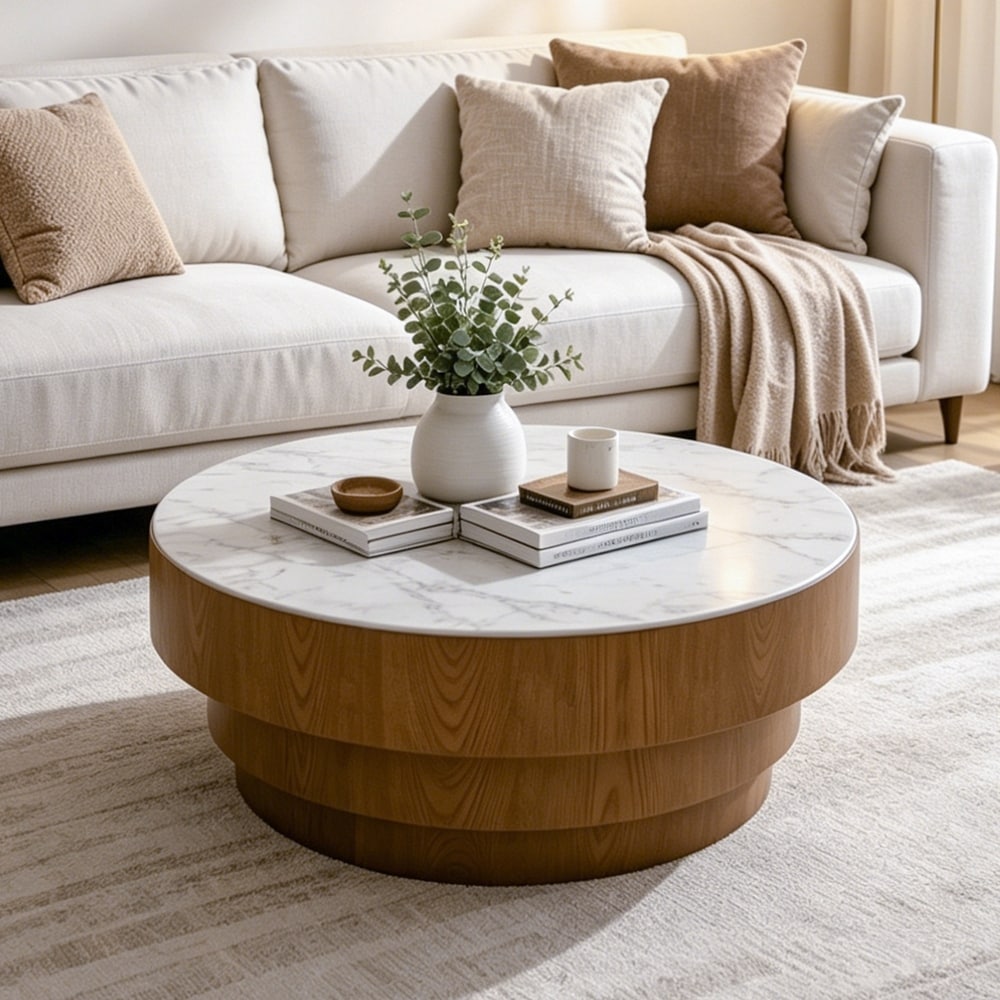 Round Coffee Table with Sintered Stone Top - MDF with Wood Veneer Tiered Base