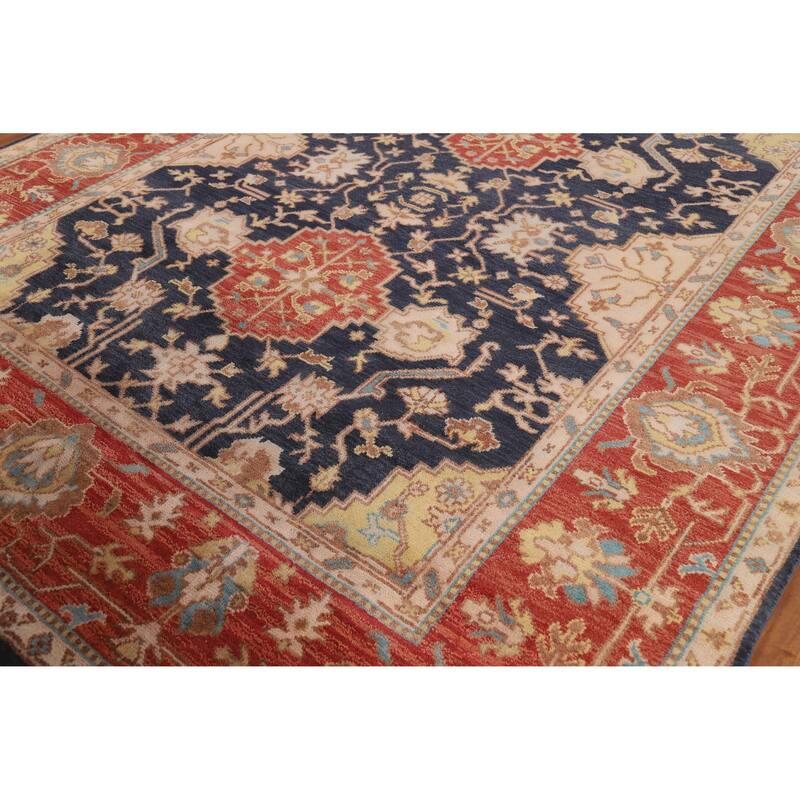 Navy Blue Orange Oushak Indian Area Rug Hand-Knotted Wool Carpet - 8'1" x 9'11"