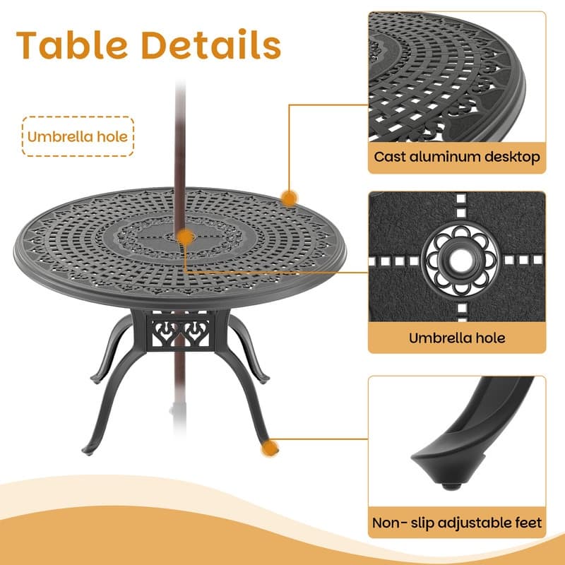 7-Piece Cast Aluminum Outdoor Dining Set with 47.24 in. Round Table and Seat Cushions