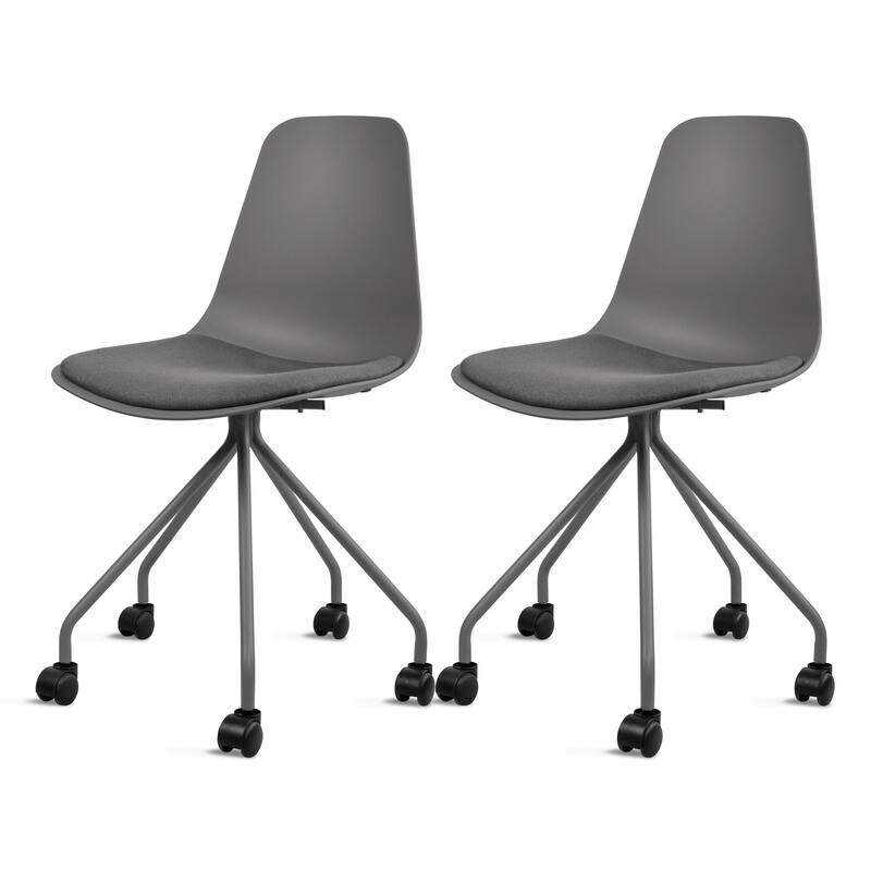 Set of 2 Ergonomic Office Armless Task Chairs with Wheels Plastic Fabric Padded Seat Curved Round Metal Wire Legs for Computer - Grey