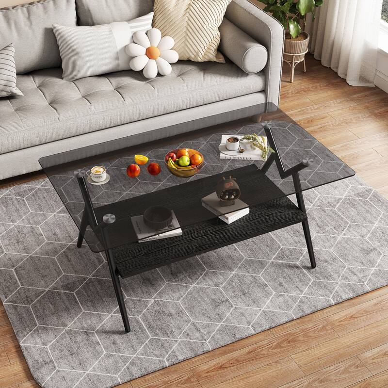 Rectangle Coffee Table with Tempered Glass Top and Shelf