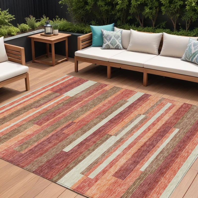 HomeRoots Striped Transitional Rectangle Outdoor Rug - 10' X 14'