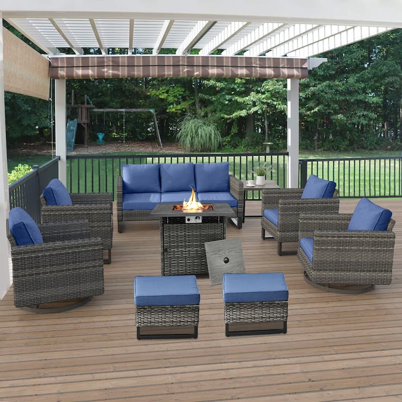 Patio Sofa Swivel Chair Club Chair with Fire Pit Table - Grey - Blue