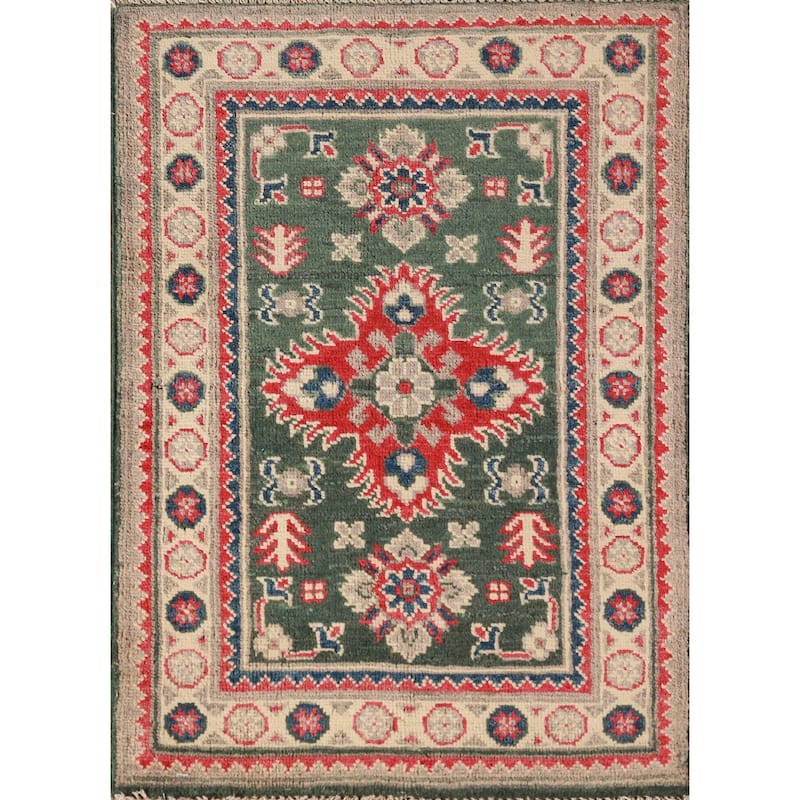 Green Geometric Kazak Oriental Accent Foyer Rug Handmade Wool Carpet - 2'0"x 3'0"
