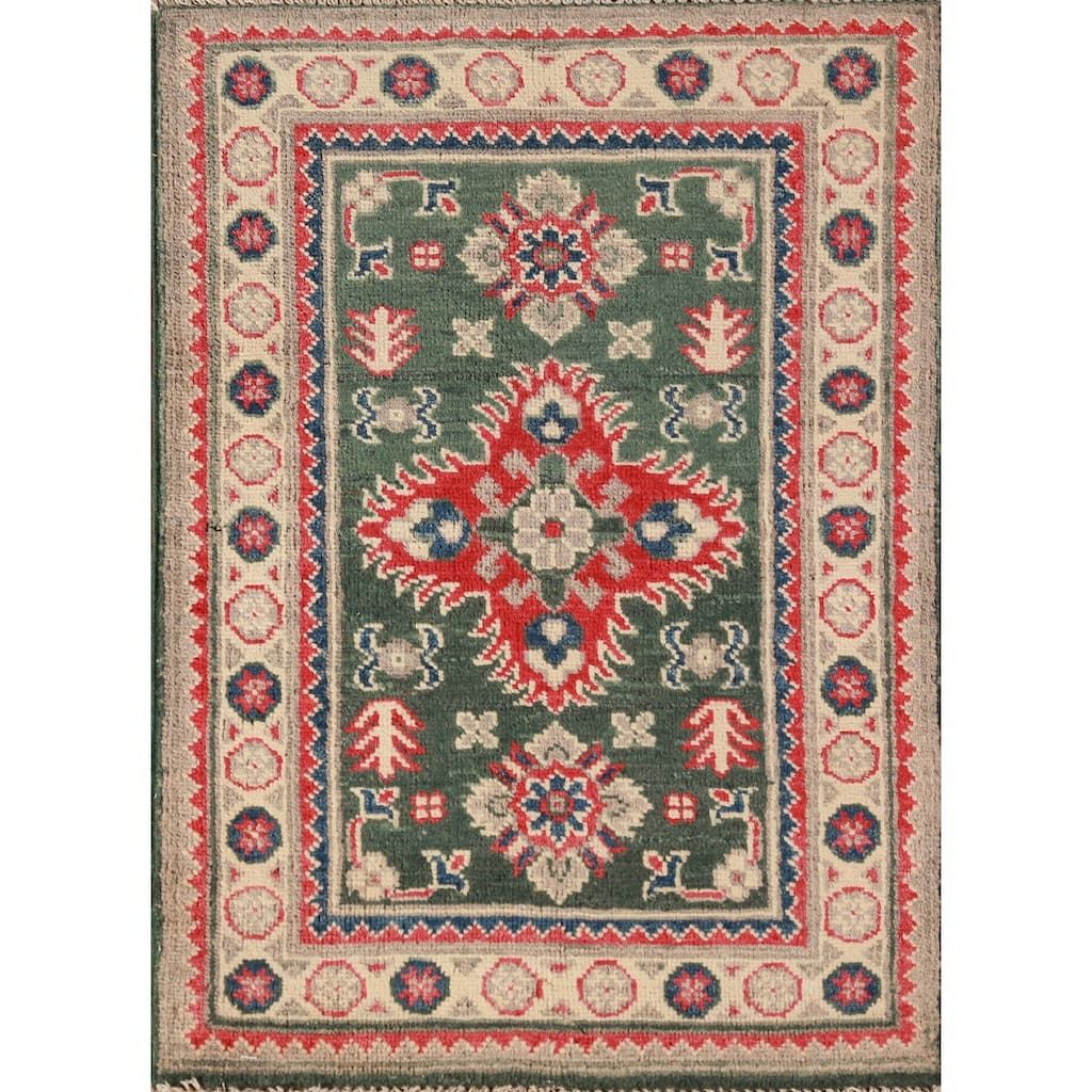 Green Geometric Kazak Oriental Accent Foyer Rug Handmade Wool Carpet - 2'0"x 3'0"