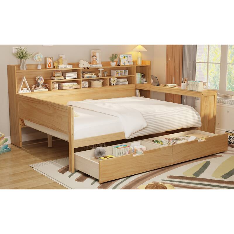 Full Size Antique Wood Daybed with Study Desk & Storage (550lb Capacity)