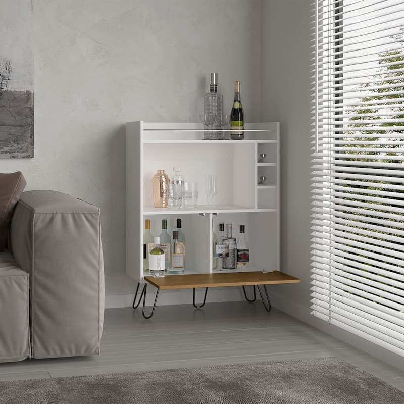 Tori 42" Tall One-Door Bar Cabinet with Three Cubbies, Three Shelves, Top Prep surface with Rail