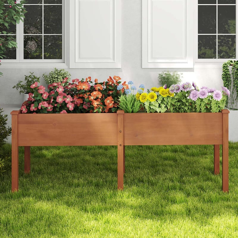 Costway Raised Garden Bed Elevated Fir Wood Planter Box with 2 Large - See Details - Brown