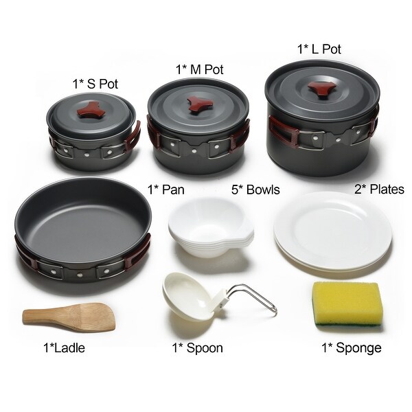 ODOLAND 14in1 Camping Cookware Kit for 3 to 5 People Campfire Cook Set Pan Pots Plates