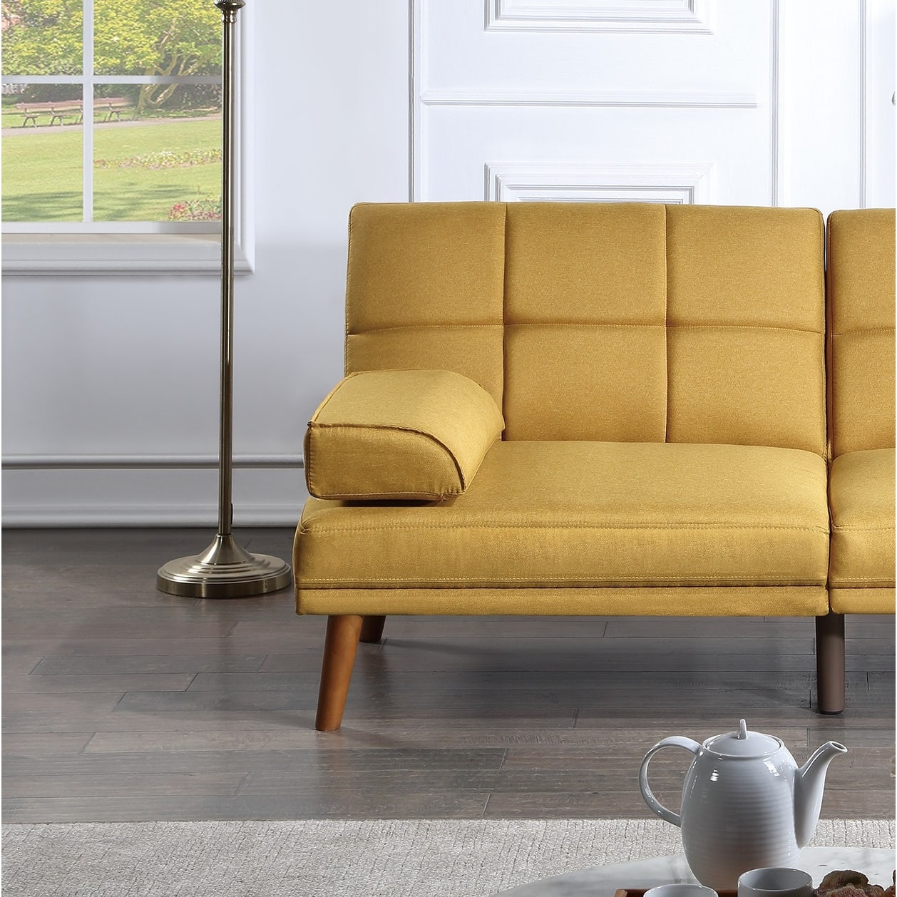 Mustard Polyfiber Adjustable Tufted Sofa Living Room Solid wood Legs