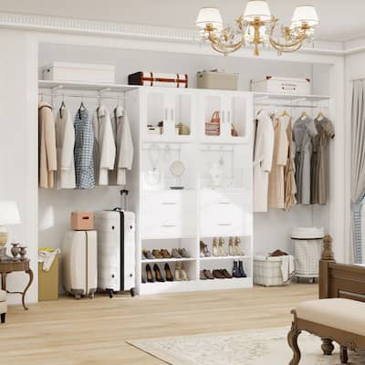 60'' - 120'' Closet System with Doors and Drawers, Storage Organizer with DIY Shelving for Walk-in Closet
