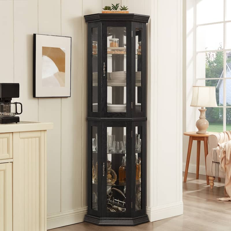 Lighted Corner Curio Cabinet with Tempered Glass Doors, Floor Standing Display Cabinet, China Cabinet with Adjustable Shelves