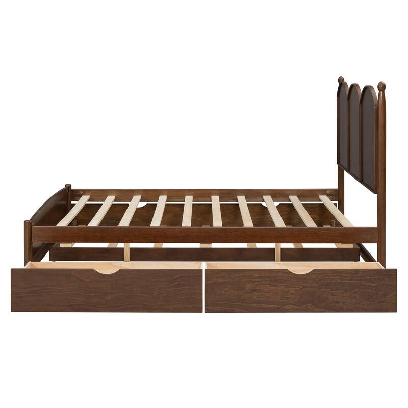 Queen Size Platform Bed with Twin XL Trundle and 2 Big Drawers, Wooden Bed Frame with Headboard and Slats Support