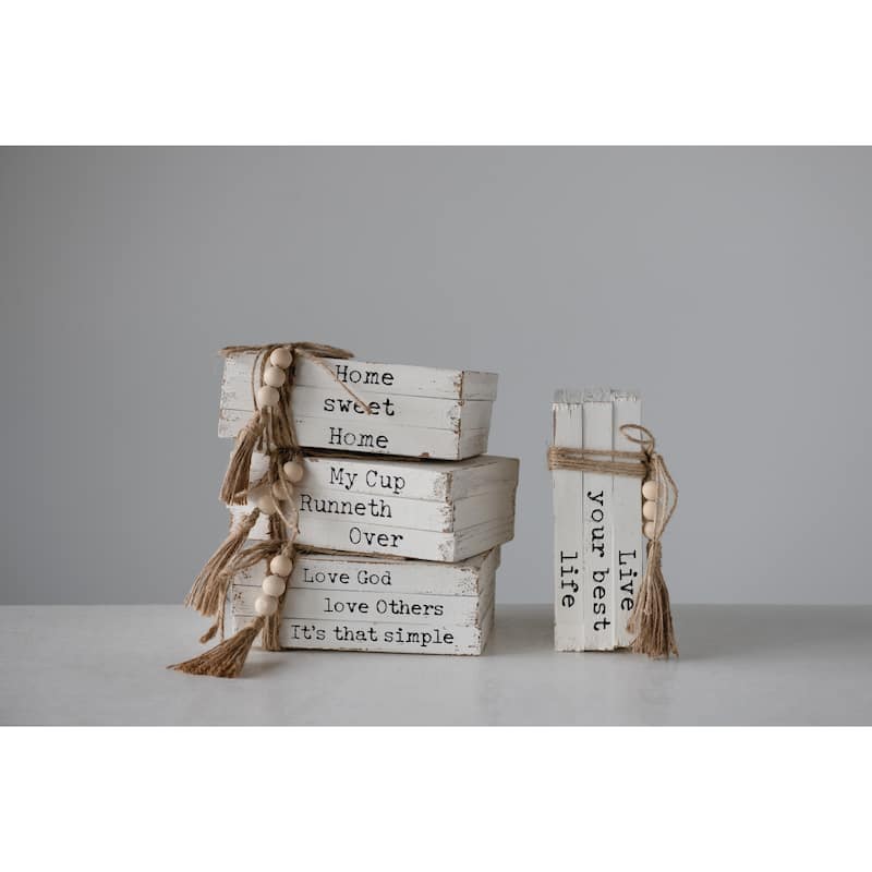 Wood Block Books with Saying and Jute Tie, Set of 4 Styles