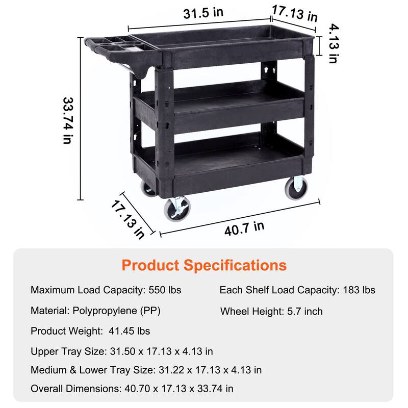 Black Heavy Duty Plastic Rolling Utility Service Cart with 3 Storage Shelf and Lockable Swivel Wheels - 40.70 x 17.13 x 33.74 in