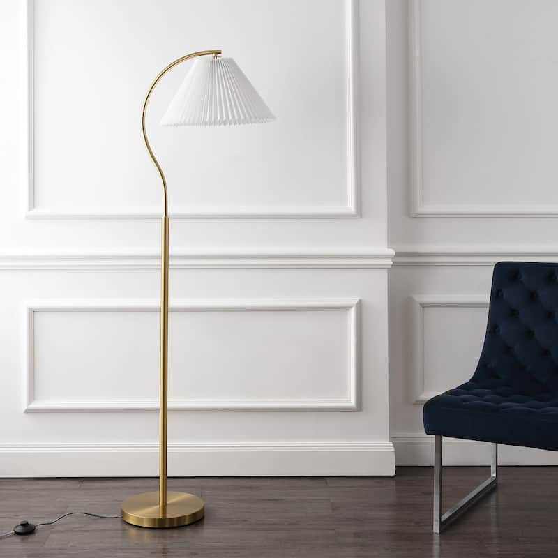 Freida 60.5" Modern Glam Metal Arc LED Floor Lamp with Pleated Shade, Brass Gold/White, by JONATHAN Y