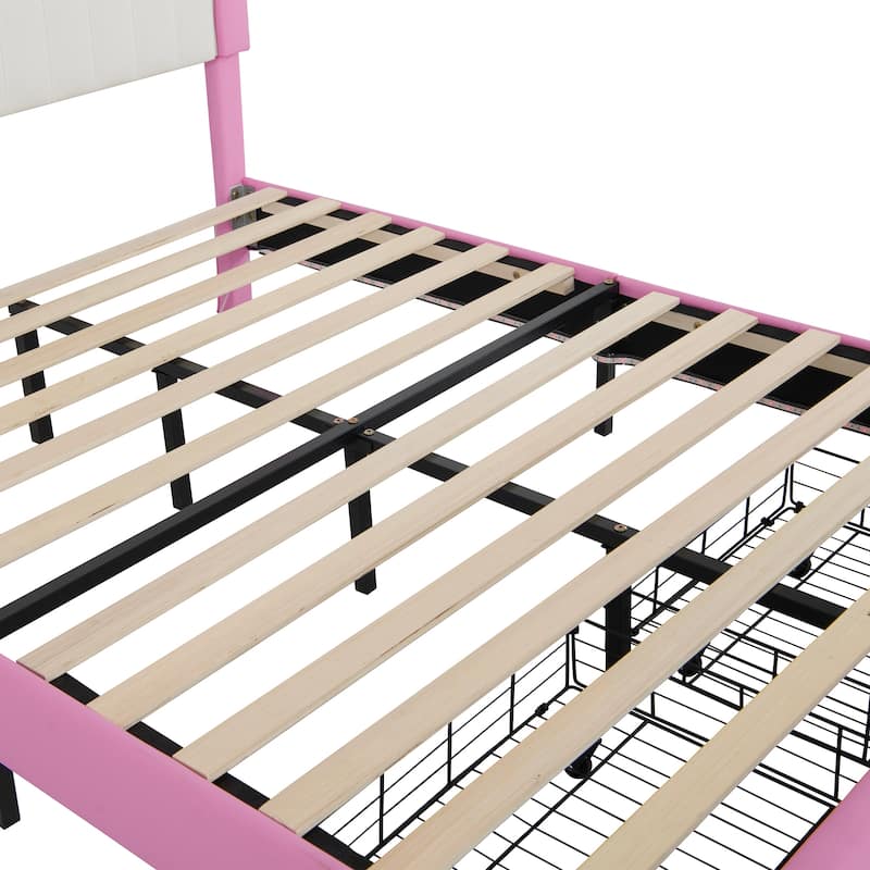 Full Size Upholstered Bed Frame with LED Lights, Crown Headboard, 2 Drawers, Pink+White