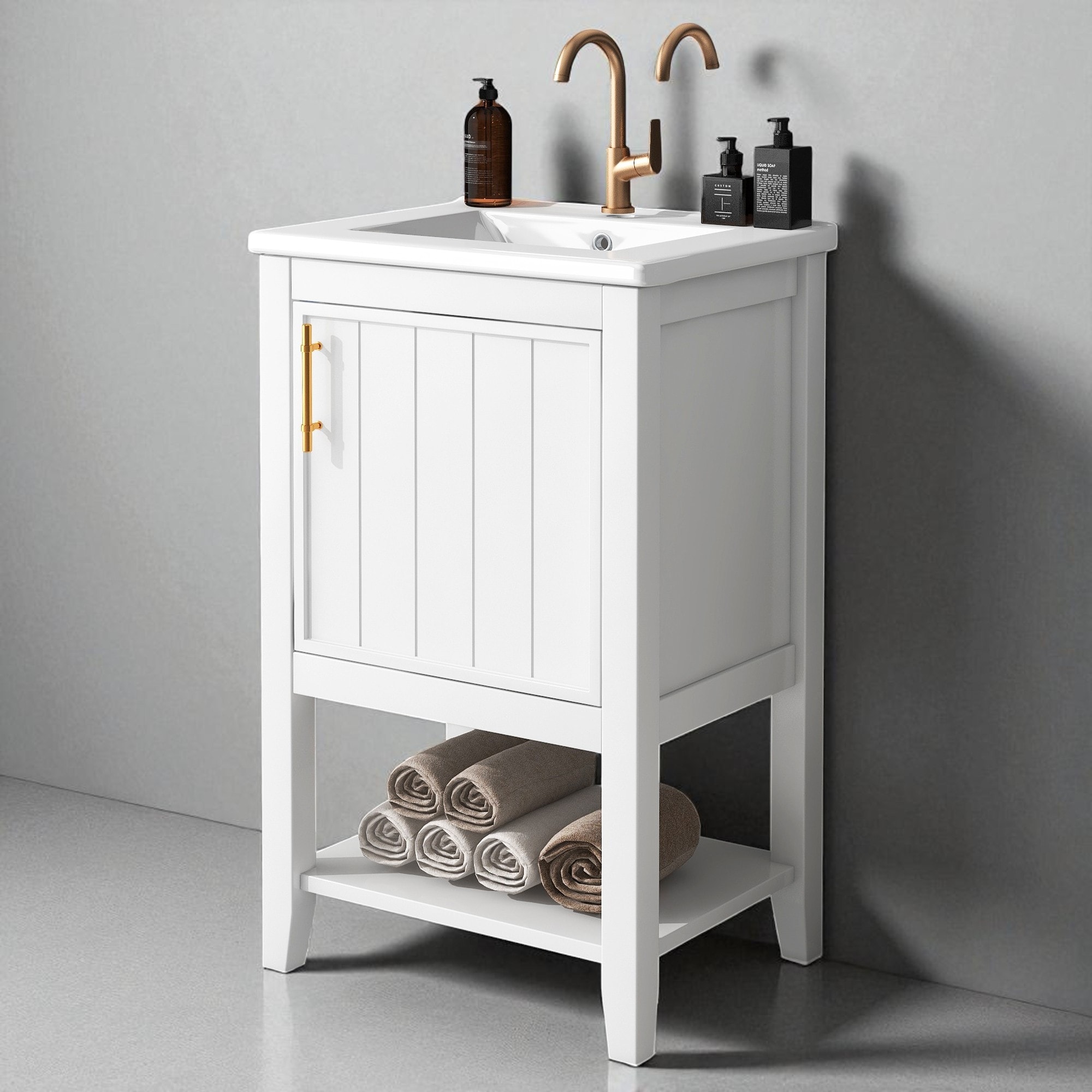 20" Black Bathroom Vanity with Ceramic Sink, Soft-Close Door, Storage Rack, Open Shelf, Solid Wood & MDF Freestanding Cabinet