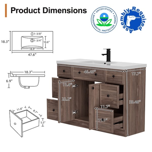 dimension image slide 5 of 10, 36"/48"/60"/72" Bathroom Vanity Set with Sink & Faucet