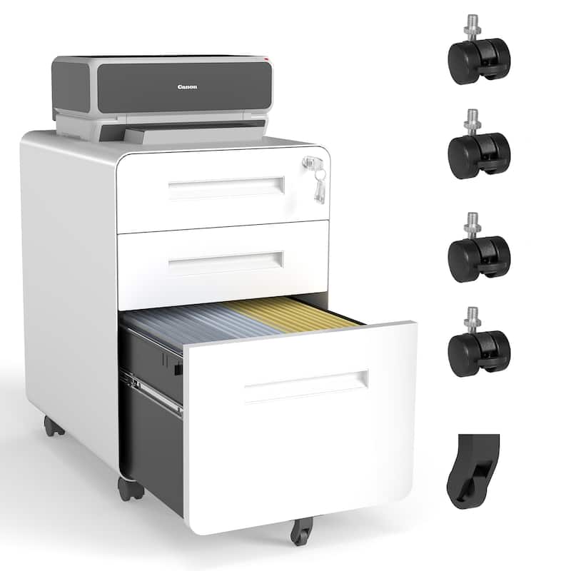 3-Drawer Mobile File Cabinet with Lock, All-Steel Metal Storage Cabinet on Casters, for Home & Office, Holds A4/Letter Files - White