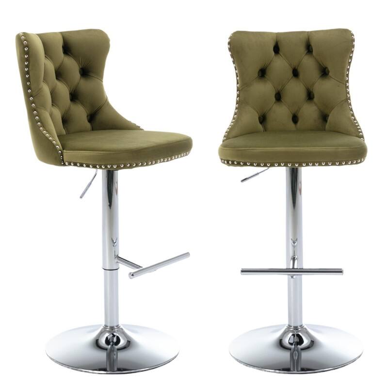 Velvet Upholstered Nailheads Tufted Swivel Bar Stools (Set of 2)