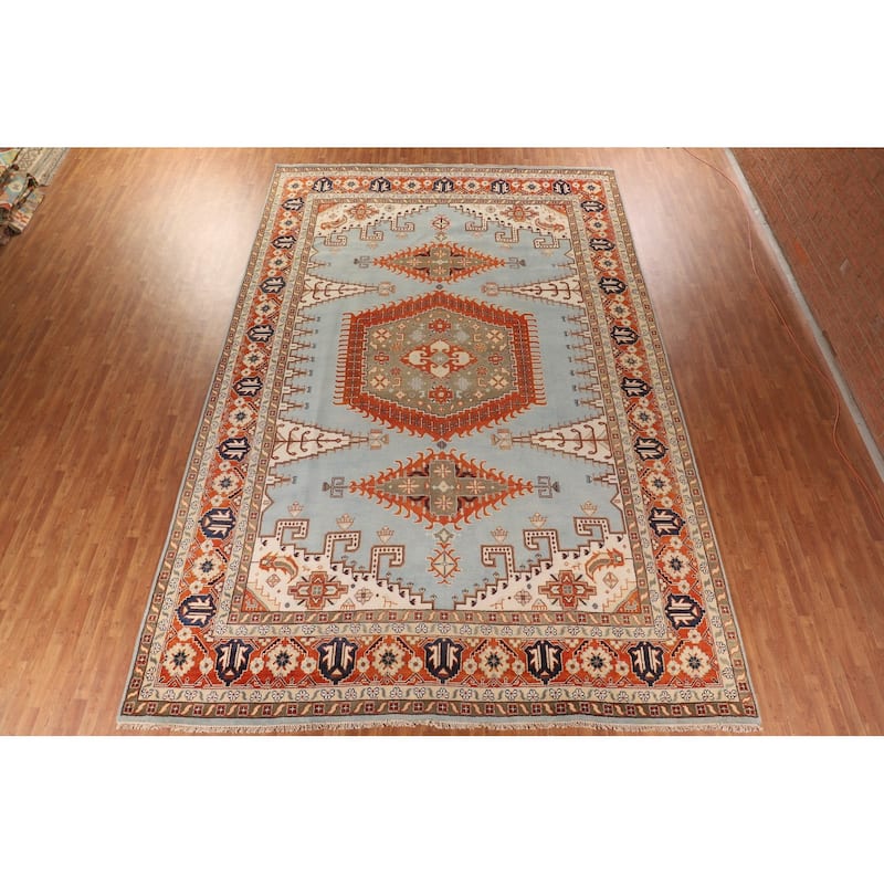 Light Blue Orange Viss Oriental Large Rug Hand-Knotted Wool Carpet - 11'9" X 17'9"