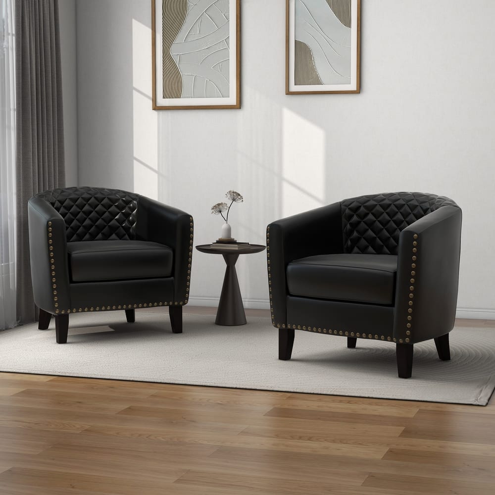 Faux Leather Tufted Nailheads Upholstered Barrel Accent Chairs