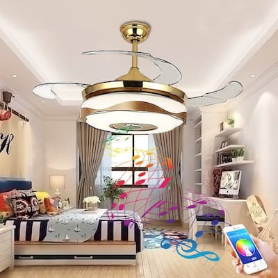 42 Inch Modern Ceiling Fan with 7 Colors Dimmable LED Lights, Bluetooth Music Player Remote Control Invisible