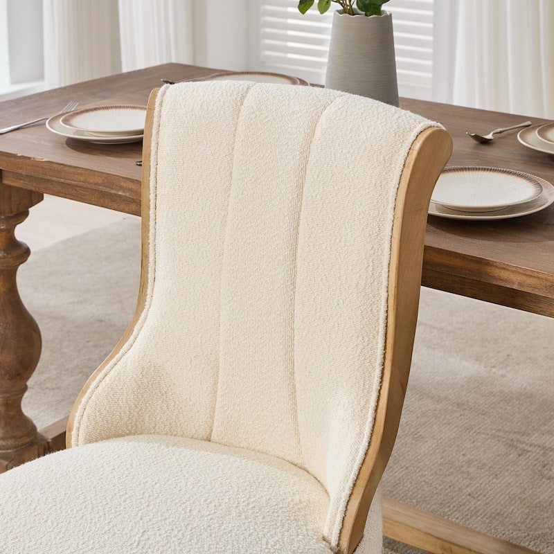 Mid-Century Style Snow Velvet Dining Chairs w/ Curved Wood Trim & Sculpted Legs Seating - Beige Set of 2