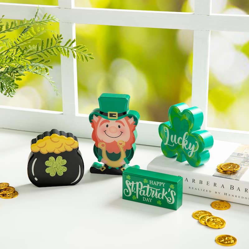 Glitzhome St Patrick's Epoxy Wooden Shamrock Leprechaun Pot of Gold Coffee Cup Table Decor - "4Pcs/set"