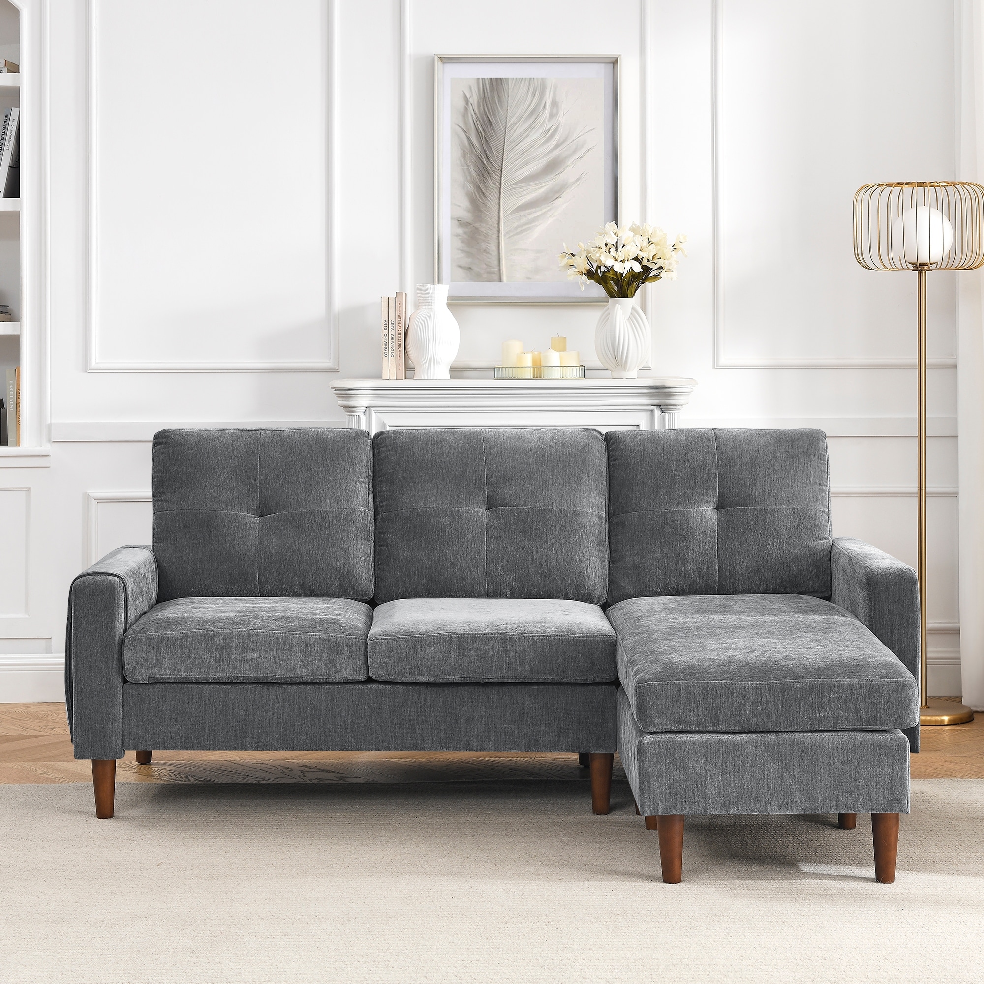 Convertible Sectional Sofa Chenille Couch, 3 Seats L-shape Sofa With ...