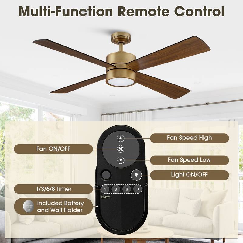 Modern 52-in 4-Blade Brushed Chrome LED Ceiling Fan with Light and Remote Control - 52"