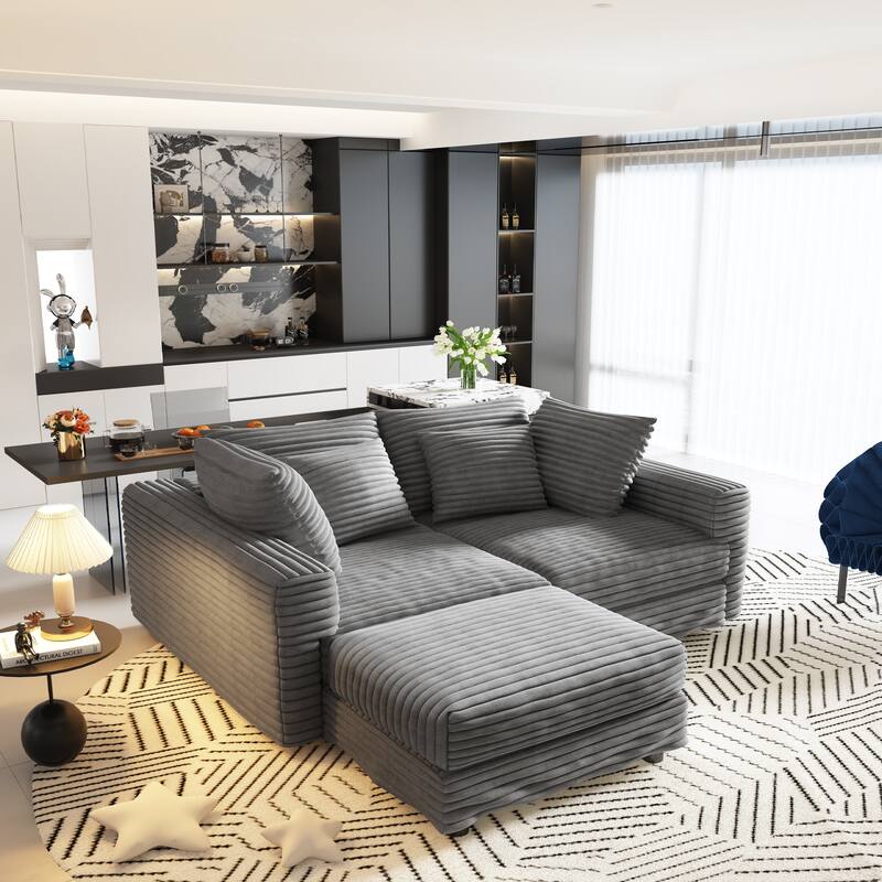 102.4 " Corduroy Modular Sofa, Modern Upholstered Sofa Cloud Couch, Deep Seat Couches w/ Pillows, Movable Ottoman for Apartment
