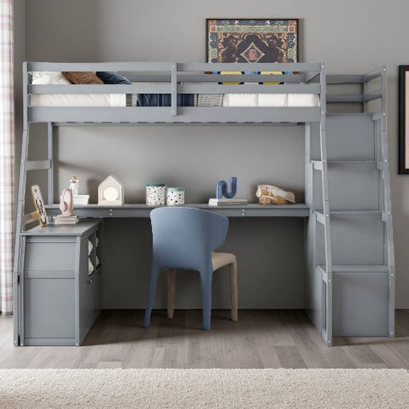 Wood Loft with Built-in Desk, 7 Drawers & 2 Shelves - Full Size for Kids - Gray