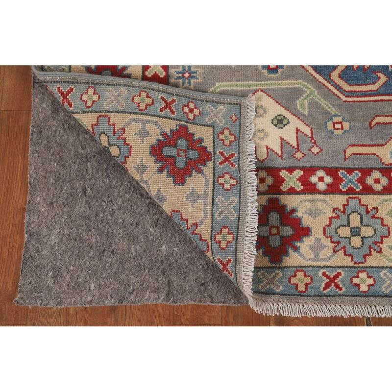 Gray Geometric Kazak Area Rug Handmade Oriental Wool Carpet - 4'11" x 7'0"