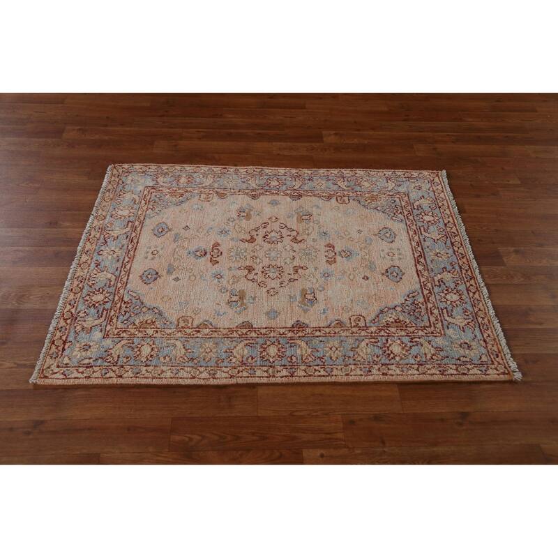 Hand Knotted Oriental 100% Wool Carpet Transitional Geometric Peach Oushak Area Rug - 3' 10'' X 2' 11''
