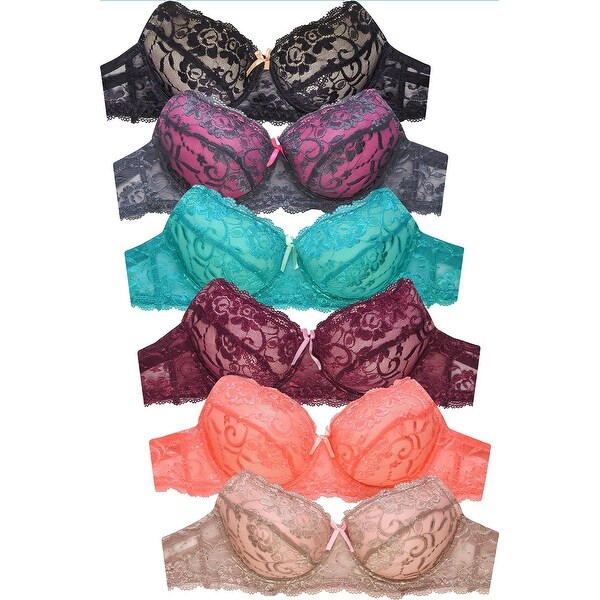 6-PACK Sofra Women's PLUS Full Coverage Allover Lace Bra. Opens flyout.