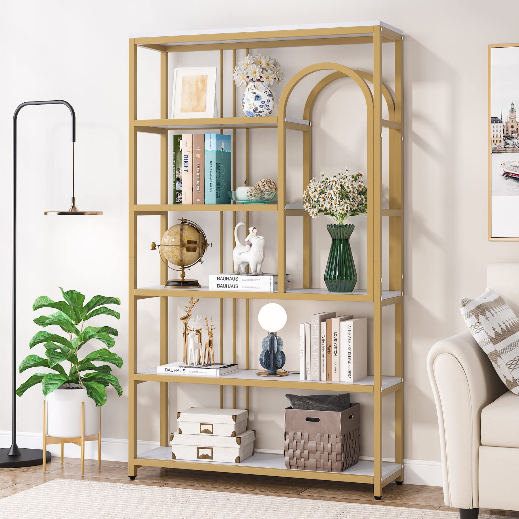 6 Shelf Etagere Bookcase Bookshelf 71 inch Tall Modern Bookshelves, Gold and White