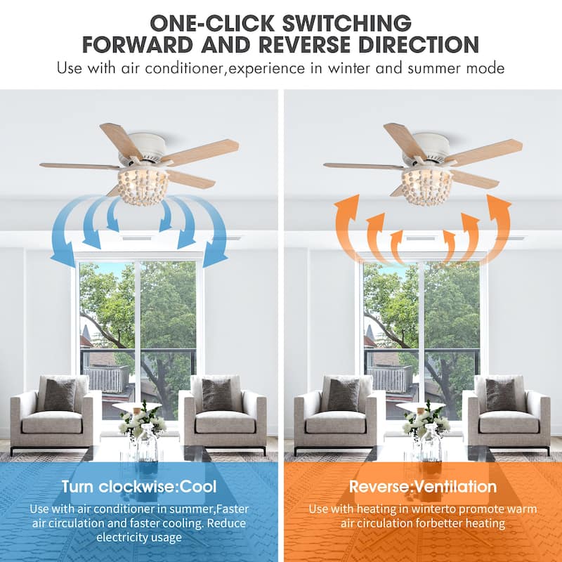 48" French Country White Wood Beads Low Profile Ceiling Fan with Remote
