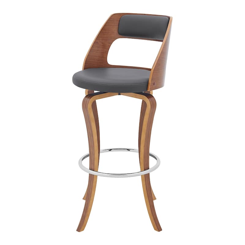 Grey Faux Leather Walnut Wood Swivel Bar Chair with Full Back and Footrest - 20” D x 19” W x 39” H