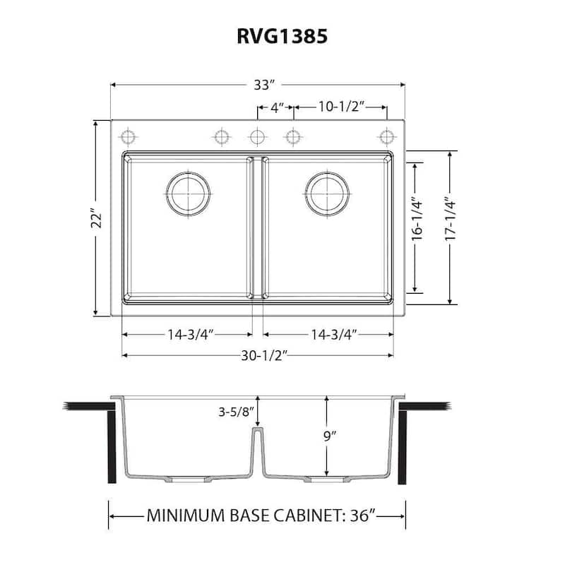Ruvati 33 x 22 inch epiGranite Drop-in TopMount Granite Composite Double Bowl Low Divide Kitchen Sink - Midnight Black