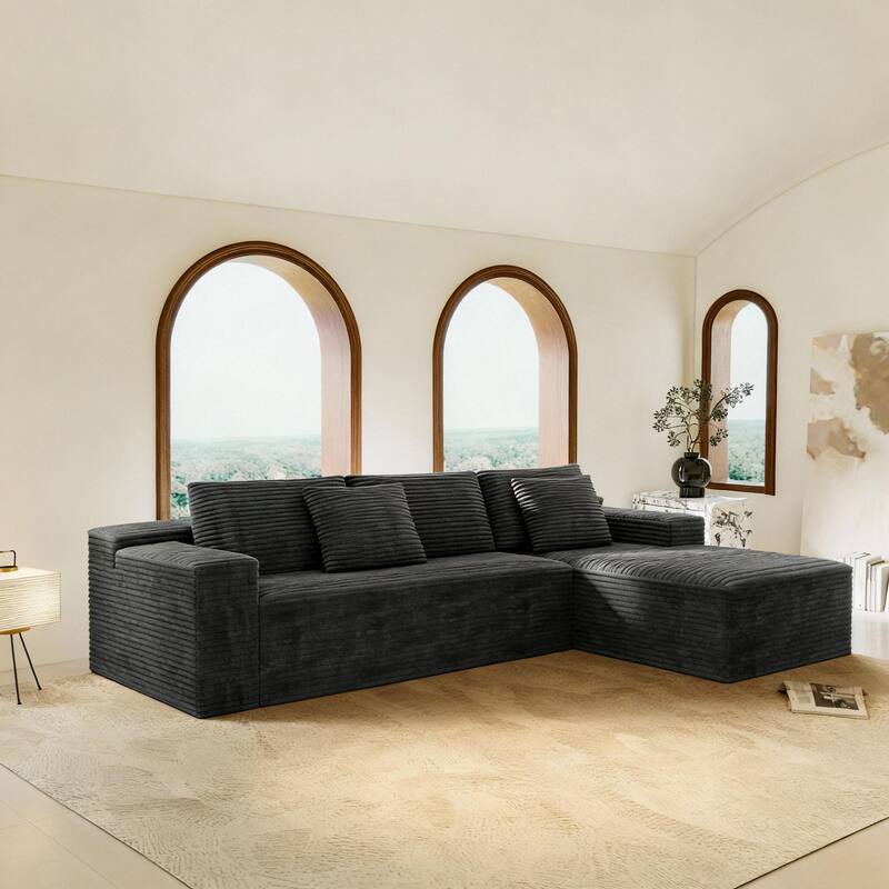 Modular Sectional Sofa with L-Shape Chaise Lounge, Corduroy Upholstered Cloud Couch, Full Compression Deep Seat Corner Sofa