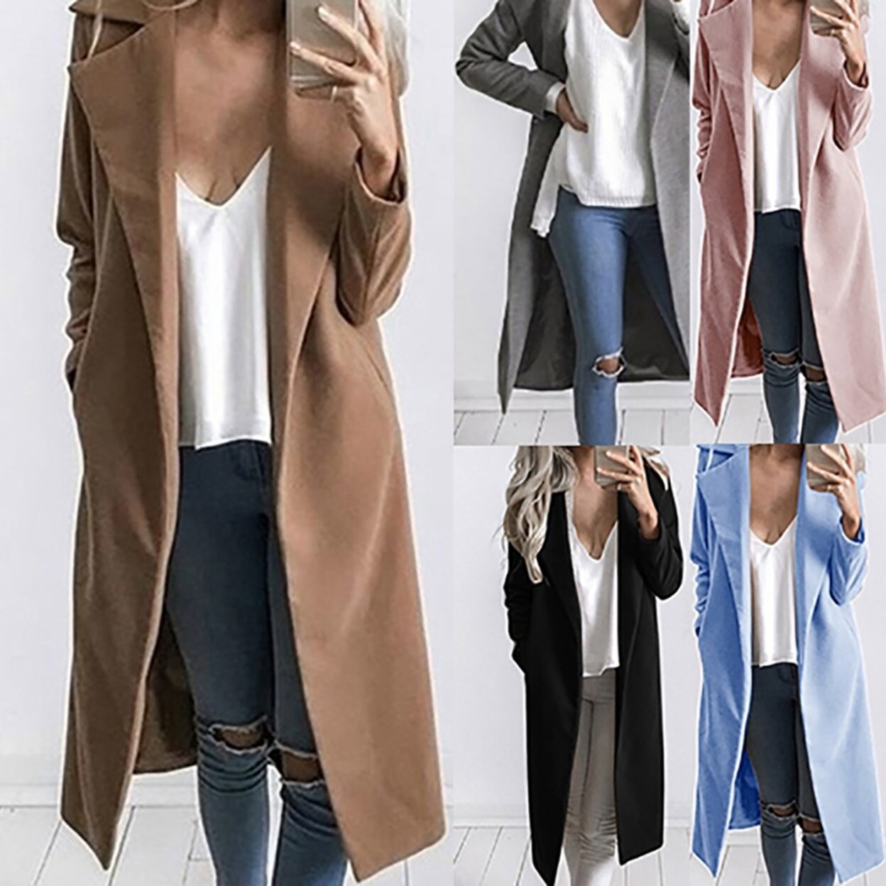 Shop Lady Warm Solid Color Wool Lapel Long Jacket Trench Coat
