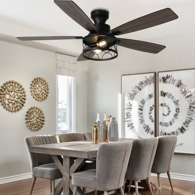 Cusp Barn 52 Inch Farmhouse Flush Mount Ceiling Fan with Lights and Remote, Industrial Low Profile Black Caged Ceiling Fan