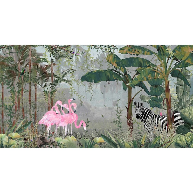 Exotic Tropical Jungle Wallpaper Mural Flamingos and Zebra - Brown - W:204" x H:110"